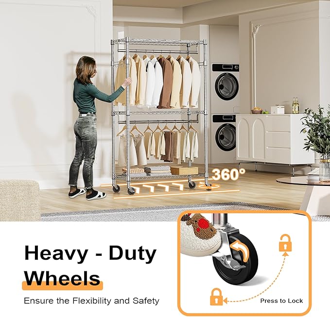 M MZG Heavy Duty Rolling Garment Rack 3 Tiers Adjustable Wire Shelving Clothes Rack with 2 Rods and Side Hooks,Storage Closet