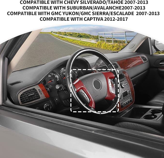 JeCar Steering Wheel Trim Covers Interior Accessories Compatible with Chevy Silverado/Tahoe/Suburban/Avalanche/GMC Yukon/GMC Sierra/Escalade 2007-2013 & Captiva 2012-2017, Red Carbon Fiber Finish