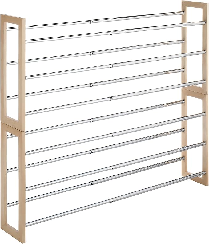 Whitmor 3 Tier Expandable Shoe Rack -Stackable - Natural Wood and Chrome
