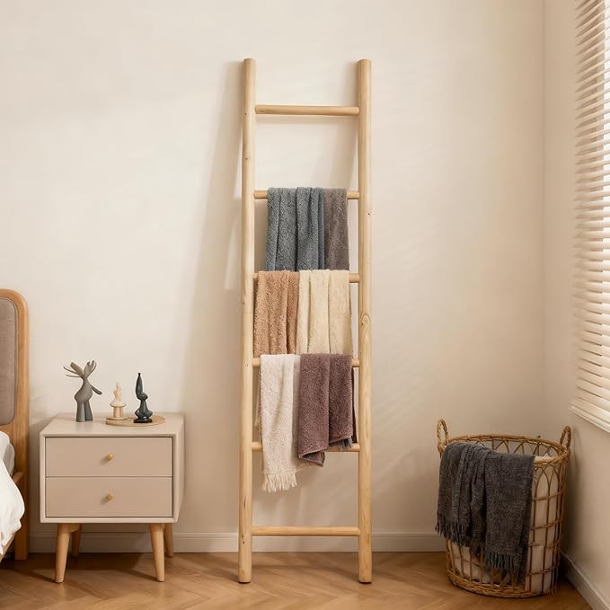 Wooden Blanket Ladder - 76in Natural & Motley Wood - Leaning Wall Decor for Bedroom, Bathroom, Living Room - Rustic Quilt Hol