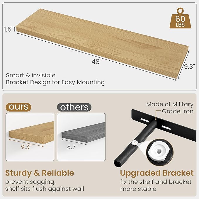 48"W x 9.3"D Floating Shelves for Wall, Wall Mounted Bathroom Shelves 2 Pack Deep Floating Shelf for Bedroom Kitchen Living R