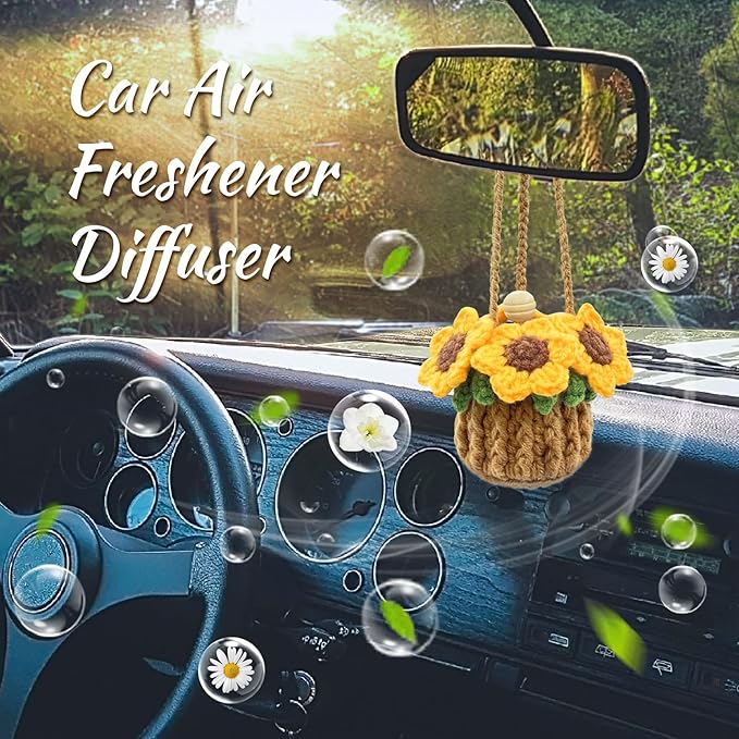 Crochet Car Air Freshener, 15ml Empty Refillable Oil Diffuser Bottle with Hanging Crochet Sunflower for Car Rearview Mirror D