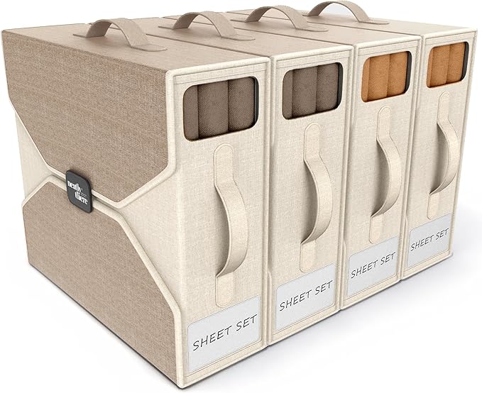 4 Pack Bed Sheet Organizer - Foldable Bedsheet Organizers and Storage, Sturdy Sheet Holder with Window, Labels & Handles for 