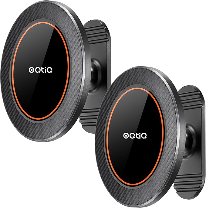 OQTIQ Magnetic Car Phone Mount Holder, Dashboard Mount with 3M Adhesive, Black Carbon Fiber, Aluminum, MagSafe Compatible for iPhone 17/16/15/14/13/12, 360-Degree Adjustable, 2 Pack (Orange-2 Pack)