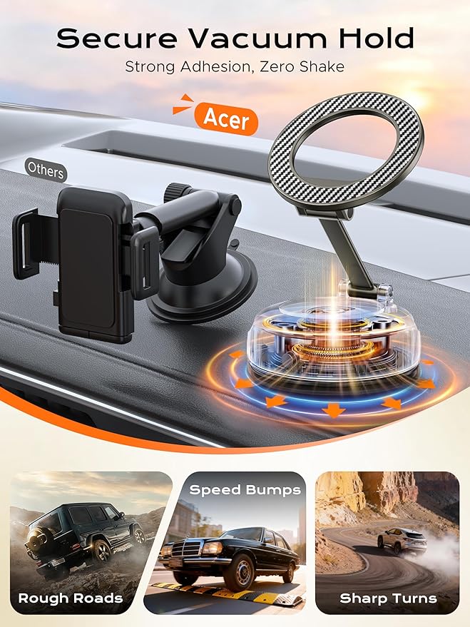 Acer Gadget Car Phone Holder 2026, Magnetic Car Phone Mount for MagSafe [Strongest 108LBS Suction & 5000gf Magnetic, Carbon Fiber] 360° Cell Phone Holders for Your Car for iPhone 17 Pro Max/16/15-Grey