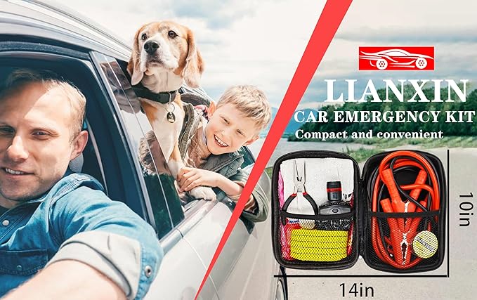 Car Emergency Roadside Tool Kit, Auto Emergency Kits Vehicles, with Jumper Cables kit，Car Safety Roadside Assistance Kit,Head