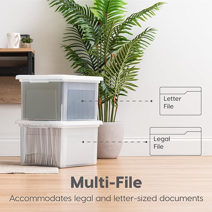 IRIS USA File Box, Plastic File Organizer with Lids for Letter/Legal File, Portable Document Box For Moving, Storage Bin with