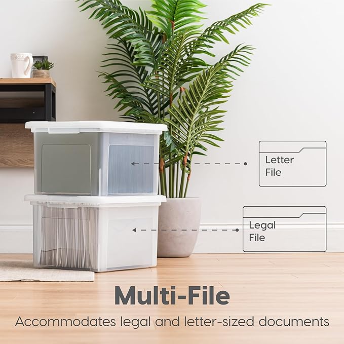 IRIS USA File Box, Plastic File Organizer with Lids for Letter/Legal File, Portable Document Box For Moving, Storage Bin with