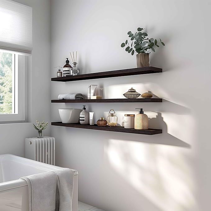 PHPH 48 Inch Wood Floating Shelves for Wall, Wooden Wall Shelves for Bedroom, Set of 4 Brown