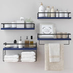 Wood Floating Shelves Wall Mounted - 4+1 Tier Rustic Bathroom Wall Shelves Over Toilet with Wire Storage Basket and Towel Bar