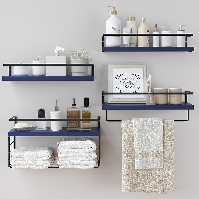 Wood Floating Shelves Wall Mounted - 4+1 Tier Rustic Bathroom Wall Shelves Over Toilet with Wire Storage Basket and Towel Bar