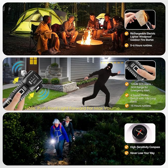 18-in-1 Solar/USB Rechargeable Car Emergency Flashlight Tool - Auto Safety Hammer Glass Breaker, Seatbelt Cutter, Flameless F
