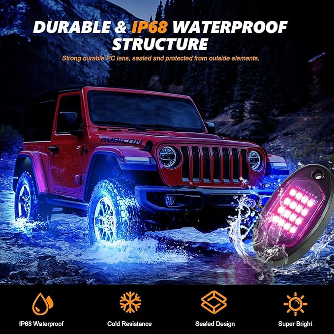20 Pods RGB LED Rock Lights for Semi Trucks Offroad Pickup Trailer Sedan Boat, 12V Waterproof Dual Zone APP/RF Control Music Mode Brake Light Red Green Blue Underglow Neon Kit with Extension Wires
