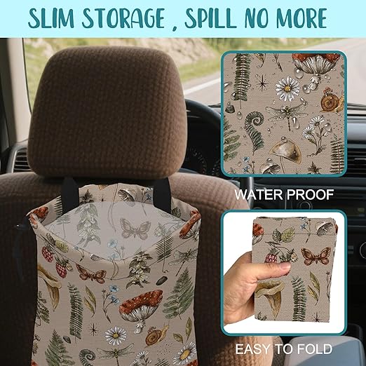 Car Garbage Bag Vintage Mushroom Forest Plants Drawstring Car Trash Bag Hanging for Back Seat with Adjustable Buckle Canvas Vehicle Trash Can Easy-to-Install
