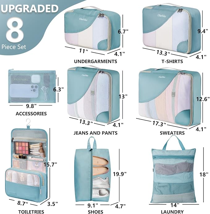 8 Set Packing Cubes for Travel, Gifts for Women Mom,Anti-Tearing Suitcase Organizer for Luggage with Shoe & Hanging Toiletry 