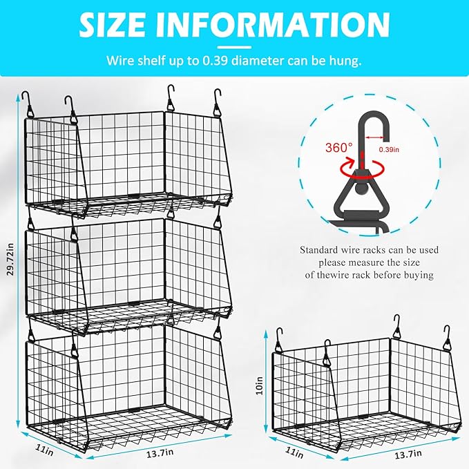 3-Pack Hanging Laundry Room Organizaton：Foldable Laundry Basket Wire Basket with 360°Rotating Hooks Small Space Organization 
