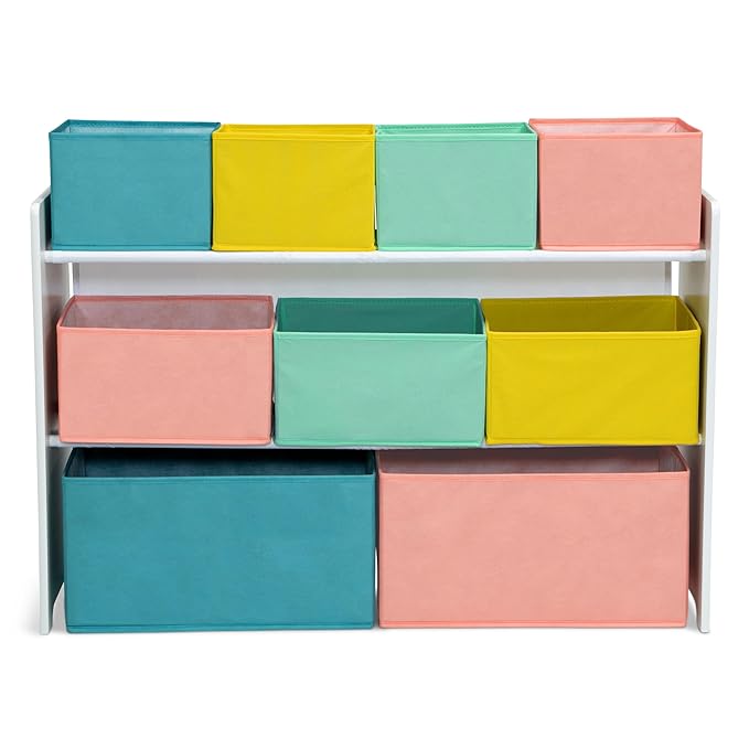 Delta Children Deluxe Multi-Bin Toy Organizer with Storage Bins - Greenguard Gold Certified, White with Blue/Orange/Pastel Bi