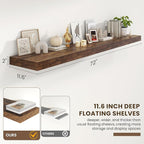 72 Inch Floating Shelves | 12 Inch Deep Floating Shelves Set of 2 | 72" W x 12" D Rustic Brown Wood Wall Shelves for Bathroom