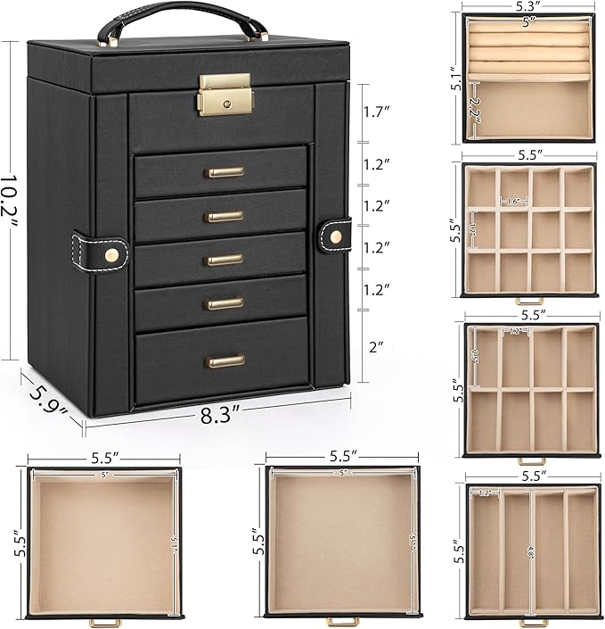 AKOZLIN 6-Tier Jewelry Box Lockable Leather Jewelry Storage Case with 5 Drawers for Women Girls Ring Necklace Earring Bracele