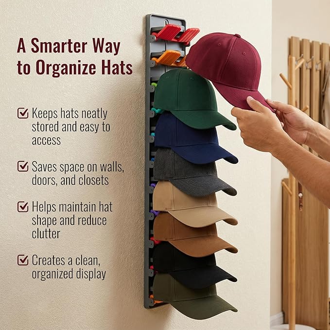 Hat Organizer for Baseball Caps - 2 Pack Hat Rack Hanger for Wall Door Closet Storage - Wall-Mounted Vertical Ball Cap Holder