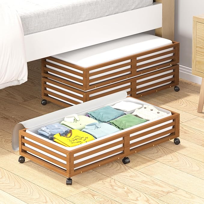 Wisuce Bamboo Under Bed Storage Containers- Underbed Organizer with Wheels with Large Dust Bag,Sturdy Wood Rolling Under the 