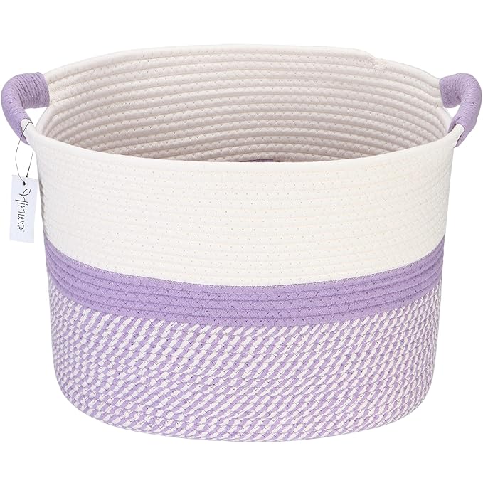 Hinwo Oval Cotton Rope Storage Basket Collapsible Nursery Storage Box Container Organizer with Handles, 16 x 13 inches, Off W