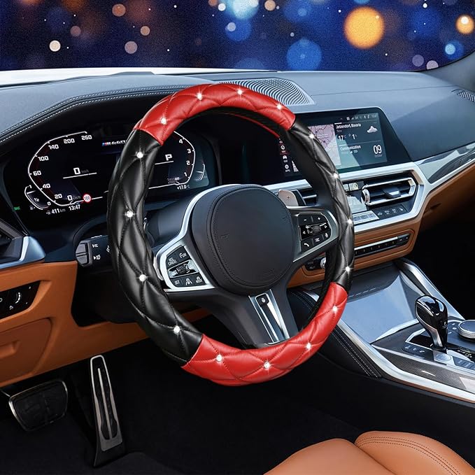 SuperKaKa Black and Red Steering Wheel Cover, Auto Diamond Style Cute Bling Comfort Car Interior Accessories Protector Sparkl