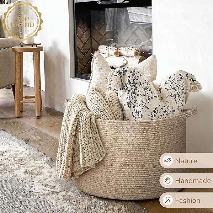 INDRESSME XXXLarge Blanket Basket for Living Room 21.7" x 21.7" x 13.8"-Storage Basket with Handle for Organizing Toy Pillows