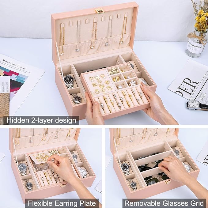 LANDICI Jewelry Box Organizer for Women, 2 Layer 4 Slot Watch Storage Case with Removable Tray, PU Leather Large Jewellery Ho