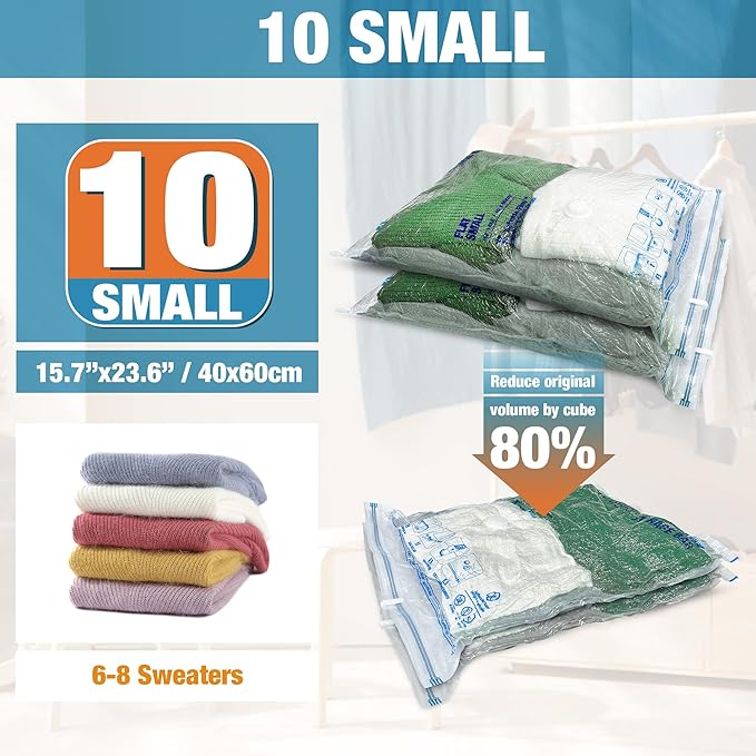 Vacuum Storage Bags, 10 Small Space Saver Vacuum Seal Bags, Space Bags, Vacuum Sealer Bags for Clothes with Travel Hand Pump 