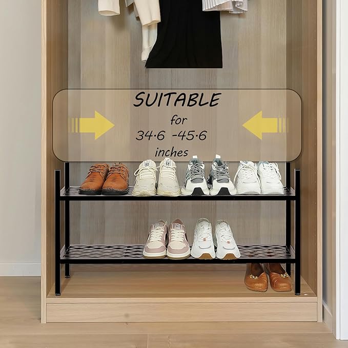 Shoe Rack, Expandable Shoes Organizer Metal Shelf Stand, 2 Tier Stackable Long Shoe Storage Holder For Closet, Floor, Entrywa