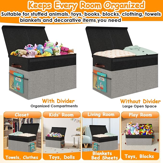 Large Toy Storage Box with Lid Upgraded Toy Storage Chest Organizer with Divider Foldable Toy Bin for Kids Boys Girls Playroo