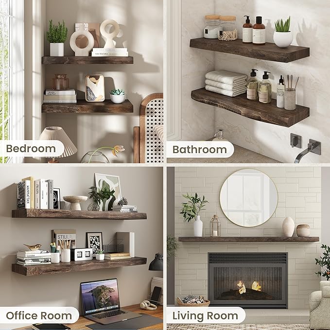 Fun Memories Floating Shelves for Wall Decor Set of 2-30 Inch Solid Elm Wood Live Edge - Rustic Walnut Wall Shelves with Invi