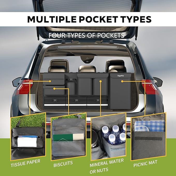 Backseat Hanging Trunk Organizer for SUVs, Cars, Trucks & MPVs | Multi-Pocket Storage with Anti-Slip Straps | Space-Saving Auto