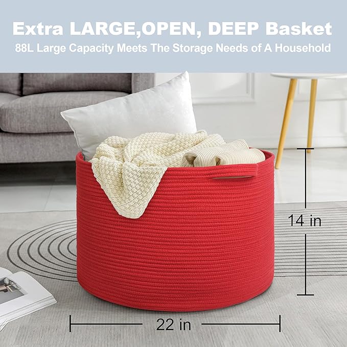 MEGASKET Extra Large Red Basket for Organizing, 22" X 22" X 14" Woven Cotton Rope Bins for Blankets, Baby Nursery Wicker Laun