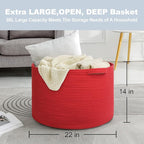 MEGASKET Extra Large Red Basket for Organizing, 22" X 22" X 14" Woven Cotton Rope Bins for Blankets, Baby Nursery Wicker Laun