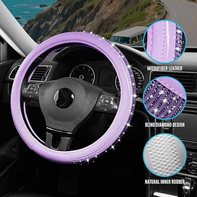 Road Comforts Bling Steering Wheel Cover – Purple Diamond Design, Universal Fit 14.5-15 Inch, Microfiber Leather, Anti-Slip &