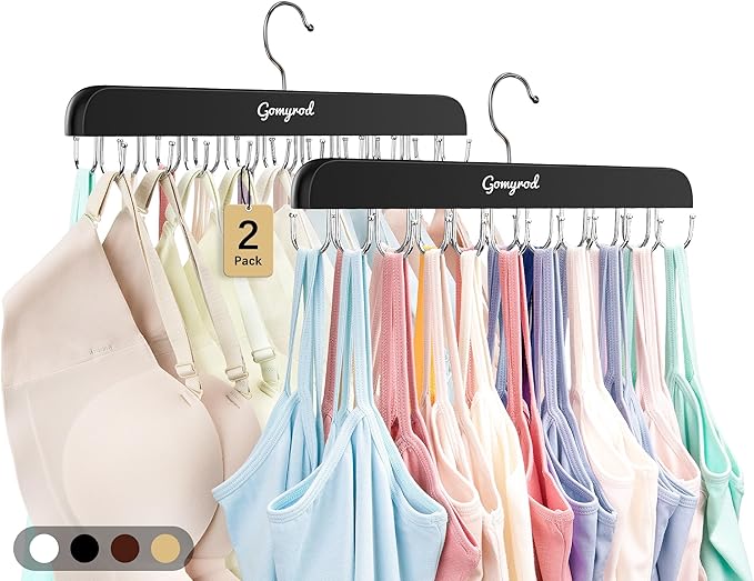 Gomyrod Bra Hanger for Closet, 2 Pack Tank Top Hangers w/20 Hooks Holds 40 Bras, Capacity Foldable Wood Space Saving Hanger, 