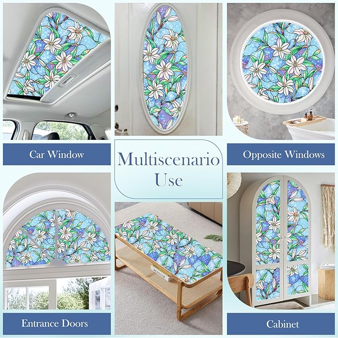 Coavas Static Cling Privacy Window Film, 96% UV & Heat Blocking, Stained Glass Window Film Floral Design, Non-Adhesive, for Bathroom, Front Door, Shower Enclosure‌ (Vinyl, 35.4" X 78.7 ")