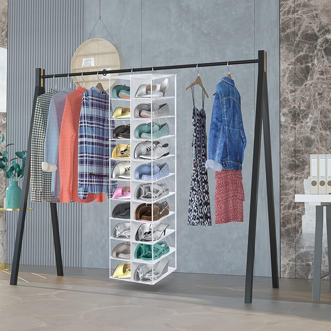 coastal rose Hanging Shoe Organizer for Closet, 20 Sections Hanging Closet Organizers and Storage Shelves, Space Saving Shoe 