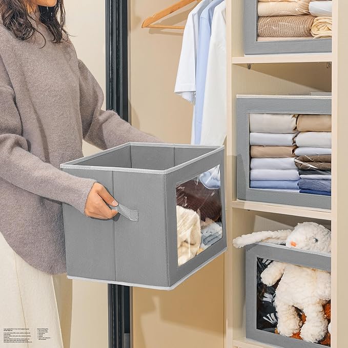Homsorout Storage Bins with Lids, 3 Pack Large Storage Cubes with Window, Closet Bins with Lids & Handles, Fabric Box for Org