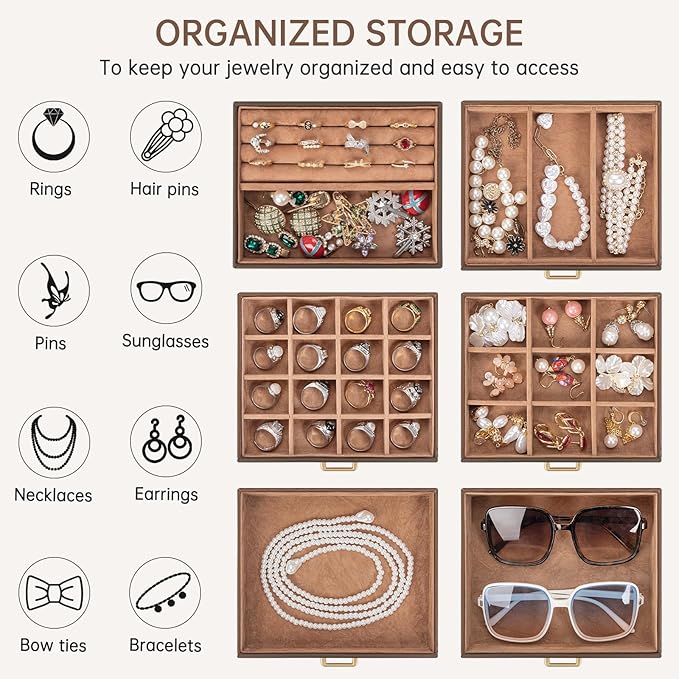 AKOZLIN 6-Tier Jewelry Box Organizer Functional 5 Drawers Leather Jewelry Storage Case for Women Girls Ring Necklace Earring 