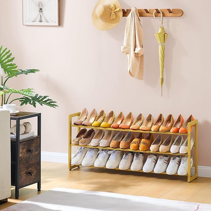 FAVOOSTY 3-Tier Expandable Shoe Rack, Adjustable Shoe Shelf Storage Organizer Space Saving Metal Free Standing Shoe Rack for 