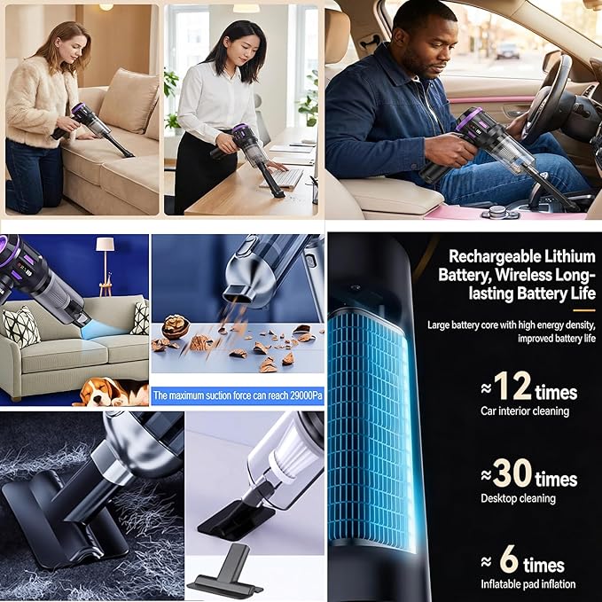 Airpollo® Car Vacuum Portable Cordless Handheld Cleaner Aspiradora para Carro, 4 in 1 with LED Screen V2 Portable 29000 Pa Su