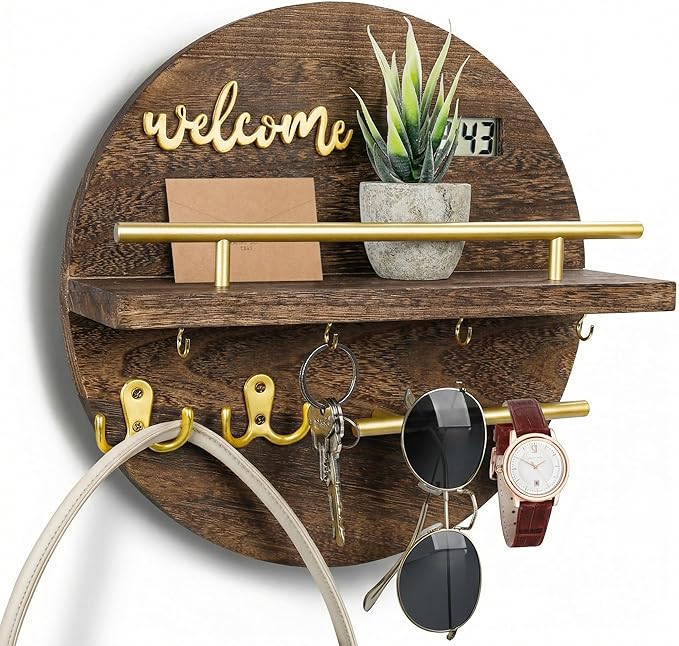 Key Holder for Wall, Key and Mail Holder Organizer with - Key Holder Wall Mount - Round Wooden Rustic Home Decor for Entryway