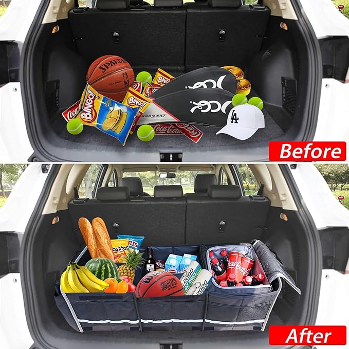 Homeve Trunk Organizer, Car Storage, Reinforced Handles, Collapsible Multi-Compartment, Foldable, Waterproof, Sturdy, 600D Oxford Polyester For Car, SUV, Mini-Van, Black-Large, 3 Compart