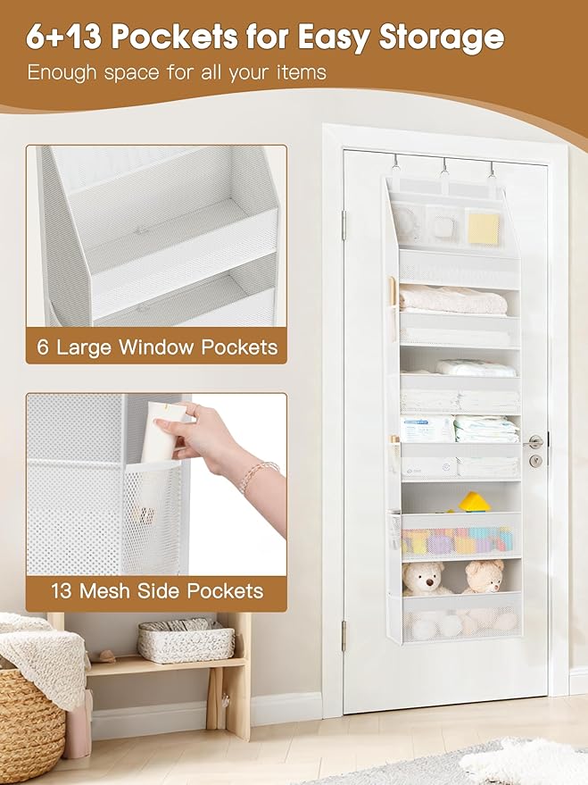 Criusia Over the Door Organizer, Heavy-Duty 6-Shelf Hanging Storage with 13 Mesh Pockets, 55lbs Capacity Behind the Door Stor