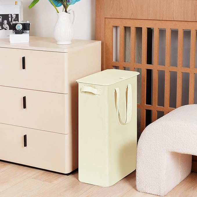 efluky Slim Laundry Basket with Lid, Narrow Laundry Hamper with Handles, Collapsible Dirty Clothes Hamper, Tall Laundry Bin f