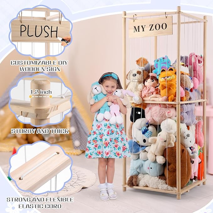 GLDZI Stuffed Animal Storage Zoo, Wooden Stuffed Animal Organizer with Elastic Cords for Boys Girls, Space Saving Toy Plushie