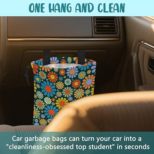 Car Garbage Bag Vintage Groovy 70s Floral Drawstring Car Trash Bag Hanging for Back Seat with Adjustable Buckle Canvas Vehicle Trash Can Easy-to-Install